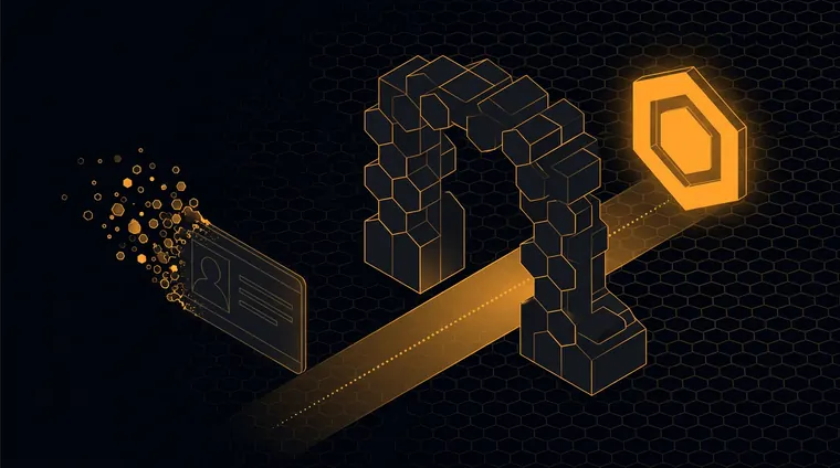 An identity card dissolving into dust while a coin passes through an open gate